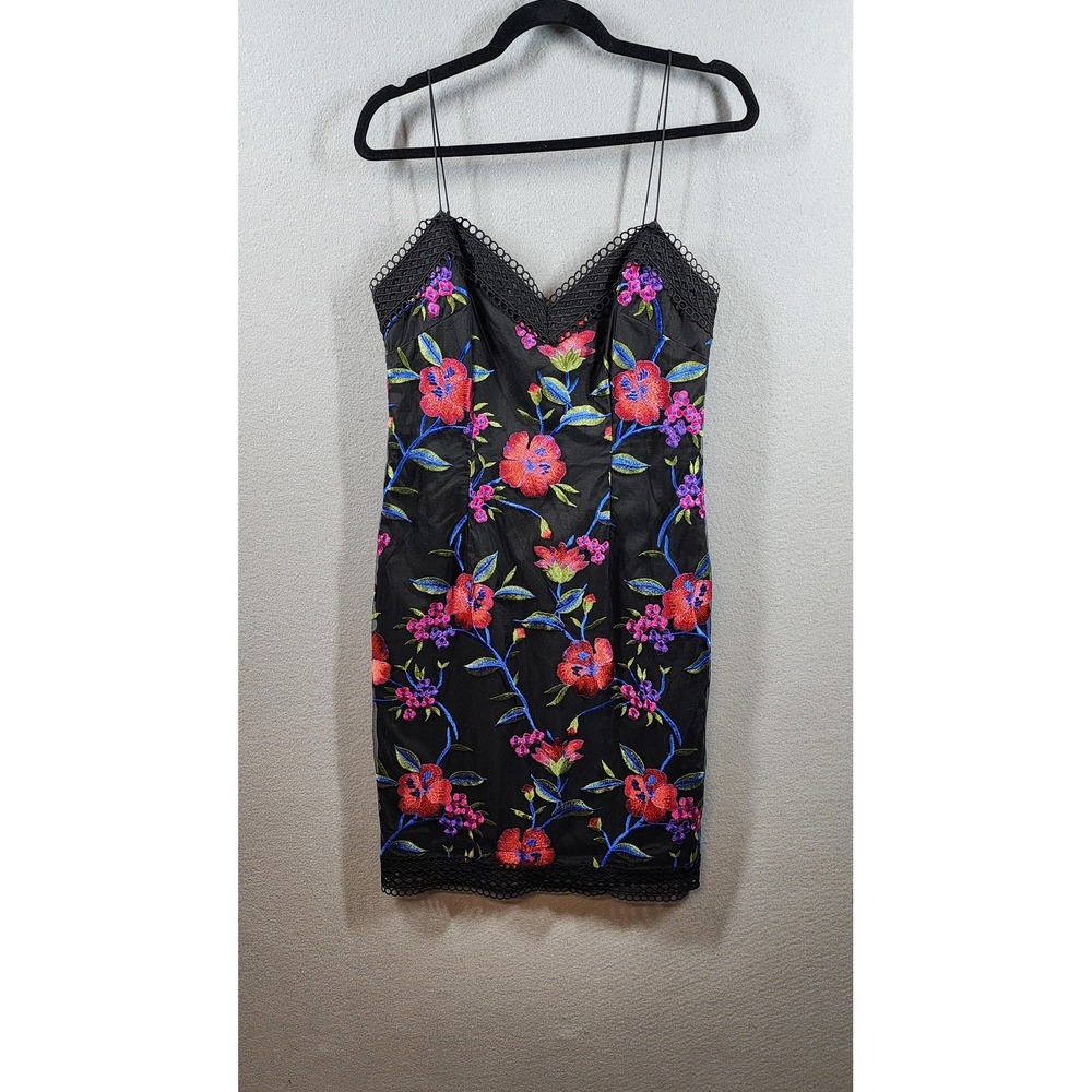 Aidan Mattox Floral Embroidered Mini Dress Womens 8 Black Spaghetti Strap Party